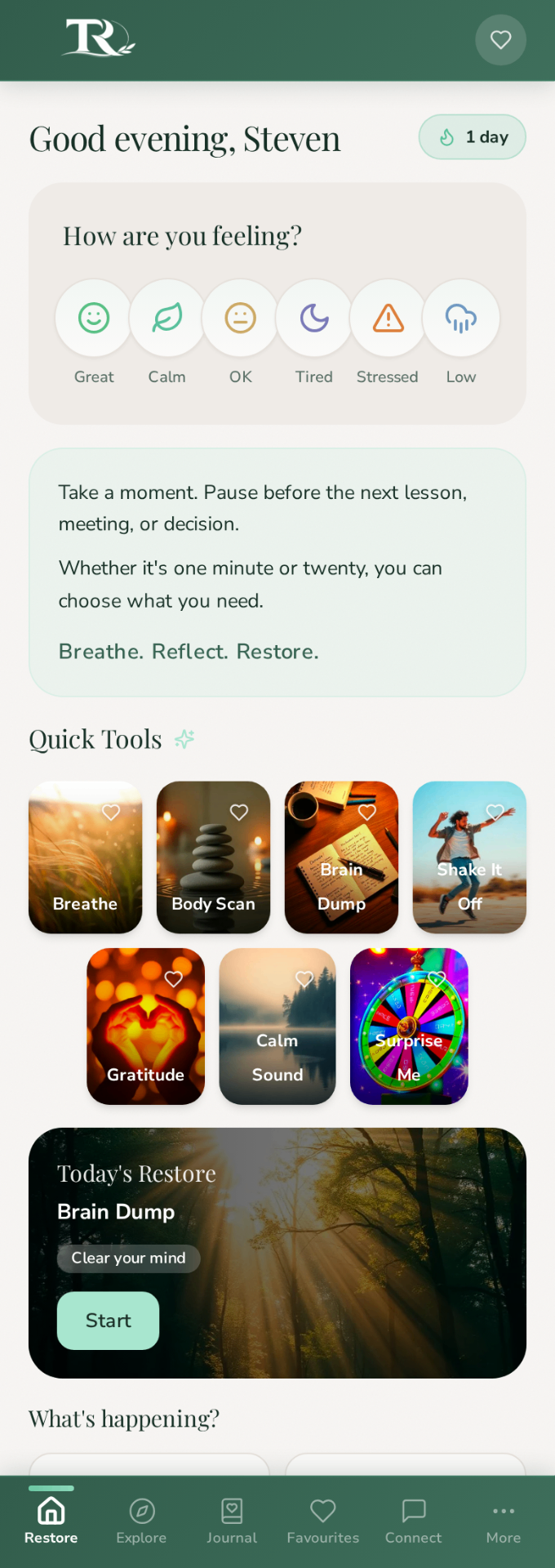 Teacher Restore daily home screen